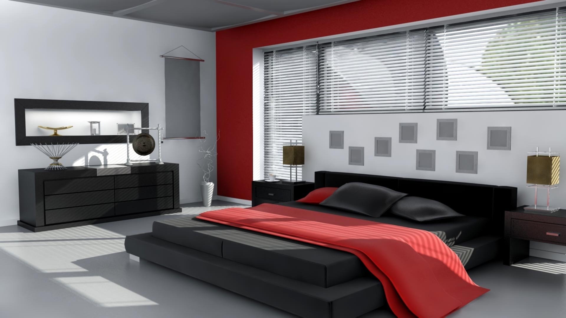 Modern Black And Red Bedroom with Simple Decor