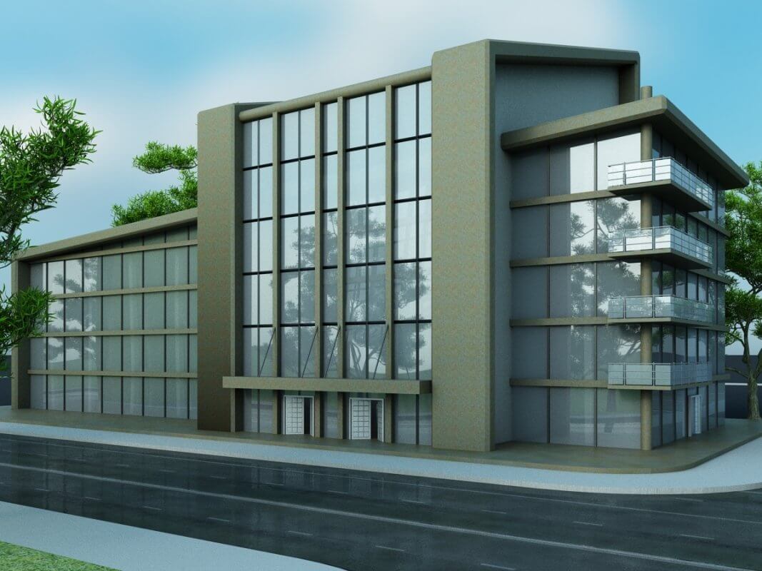 A rendering of a modern building with lots of windows
