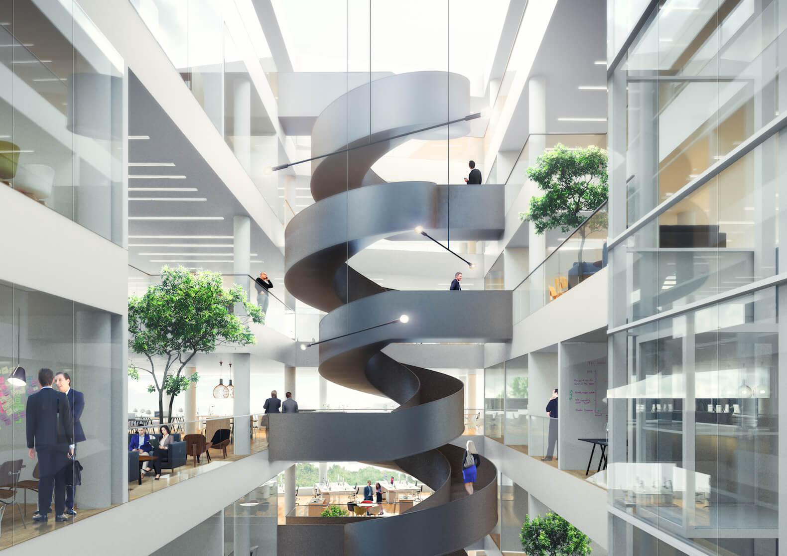 A spiral staircase inside of a building with people walking around
