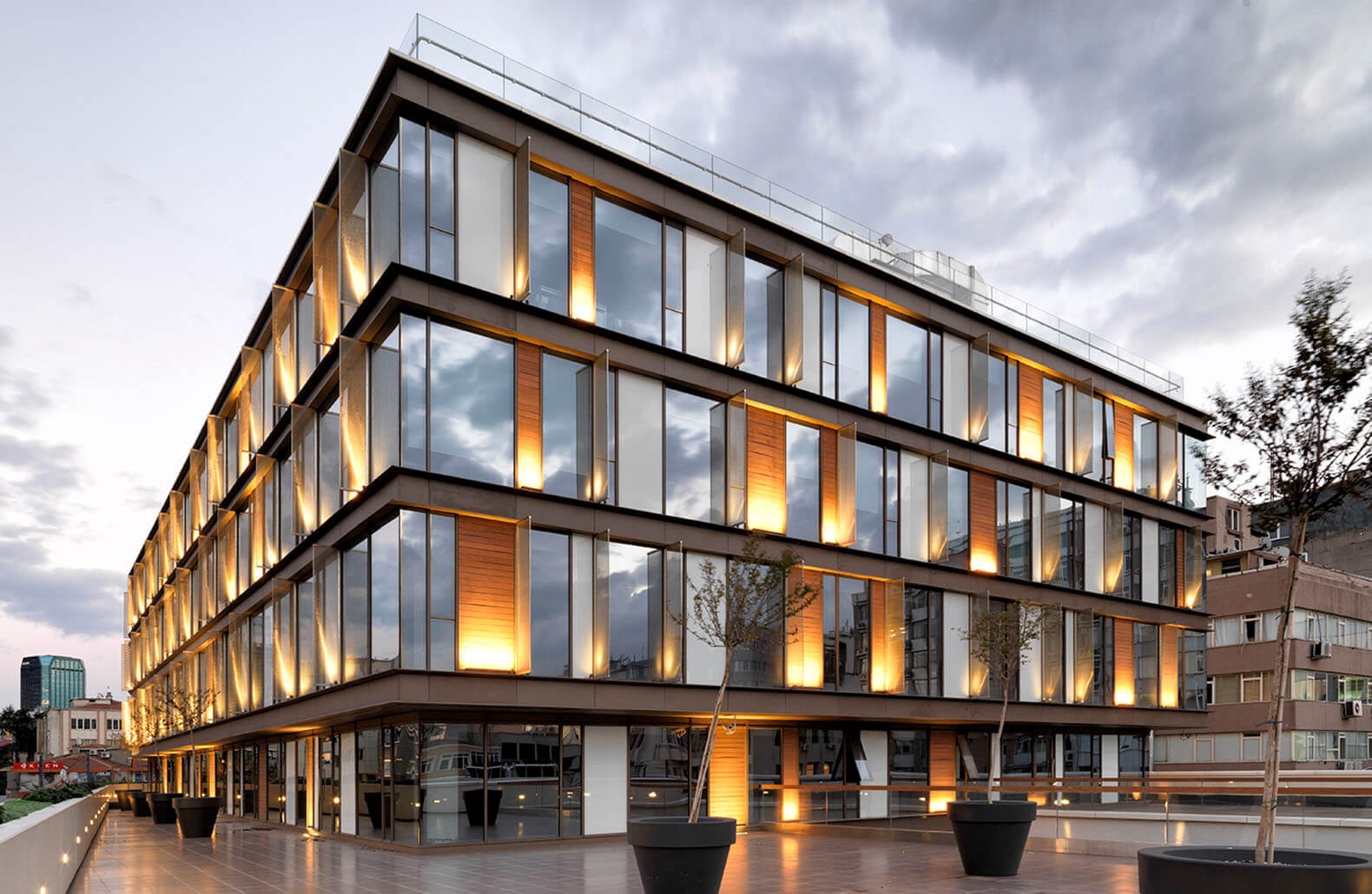 A large office building with lighting arrangement