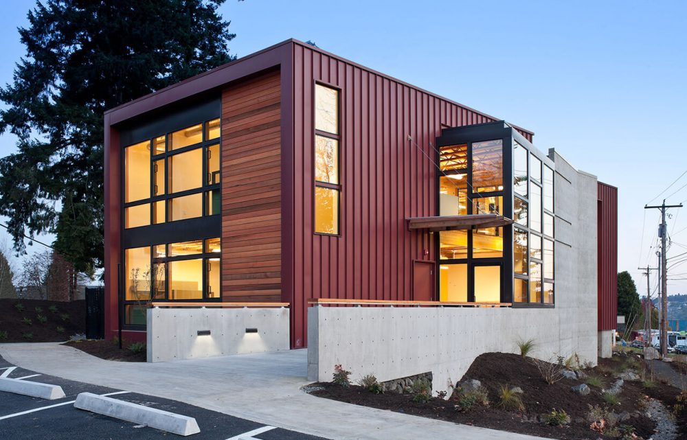 A red and white building with a lot of windows
