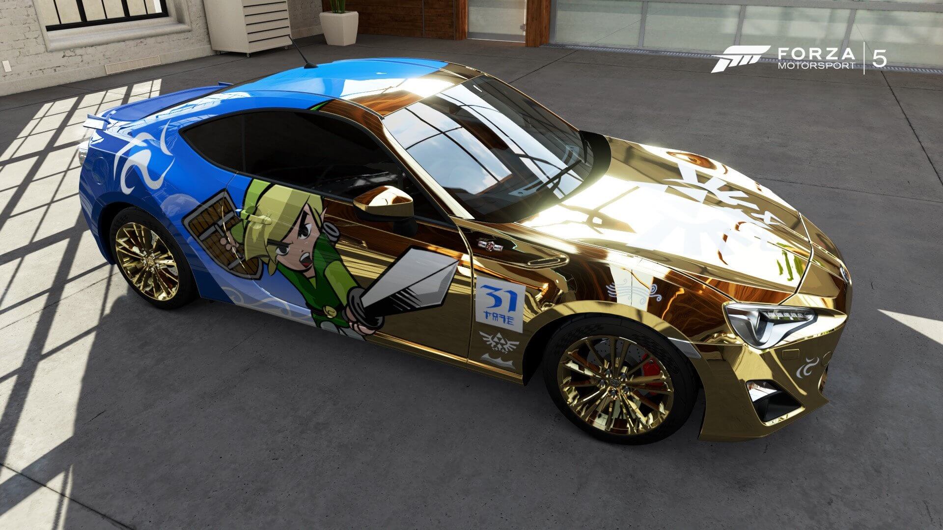 A gold and blue car with a cartoon character painted on it

