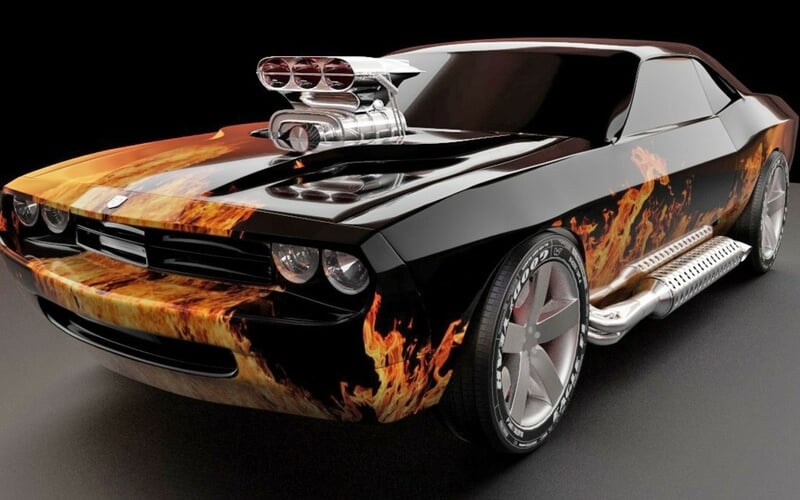 A car with flames painted on the side of it
