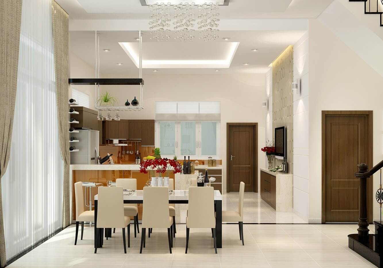 A dining room and kitchen with a chandelier
