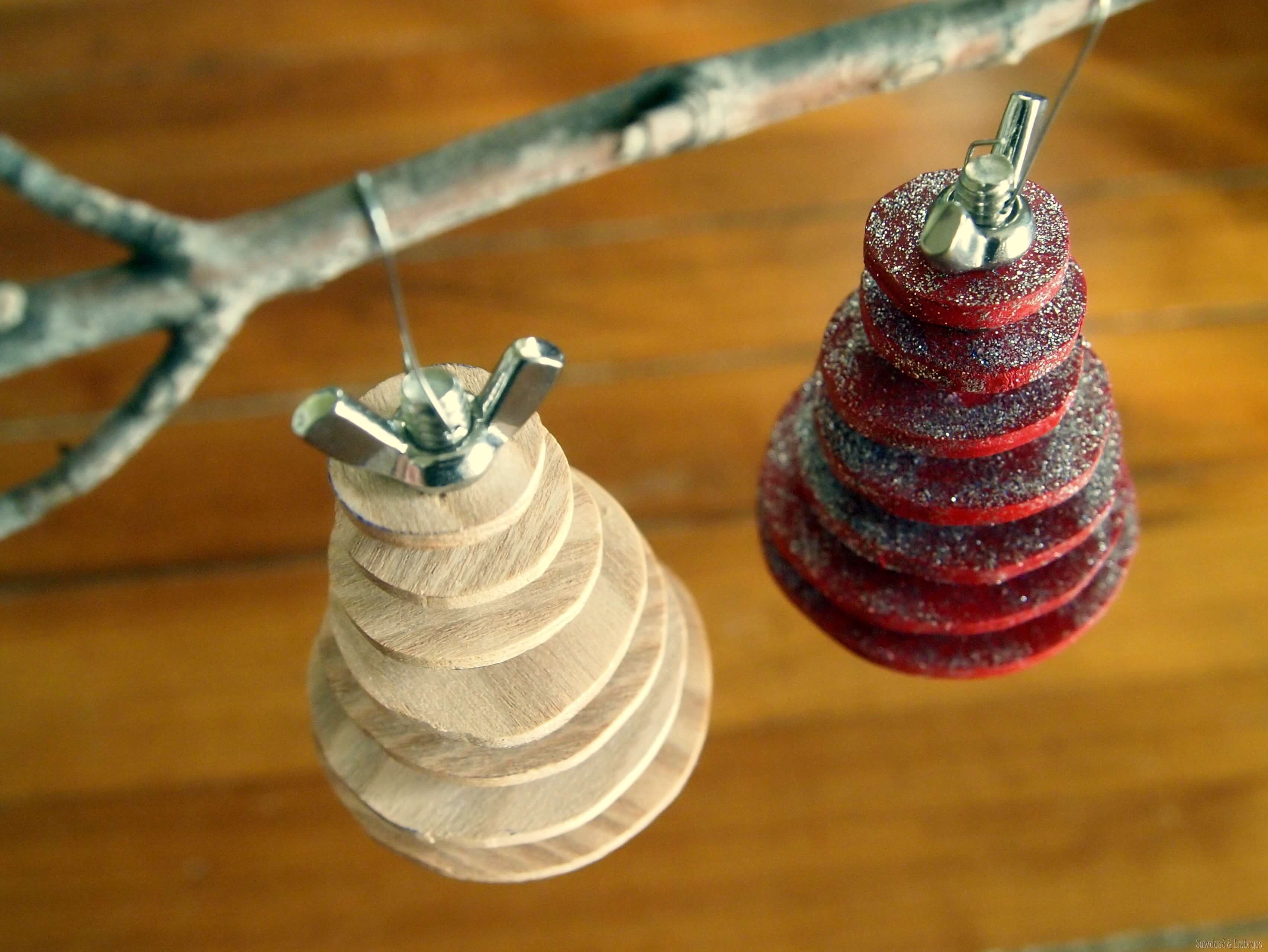 A couple of ornaments hanging from a tree branch
