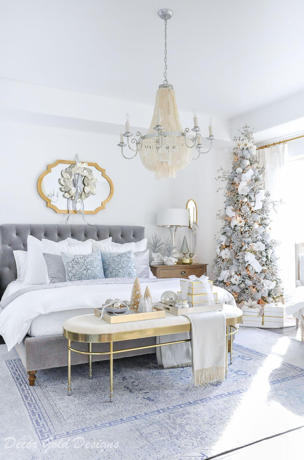 Tinsel-adorned bedroom decor