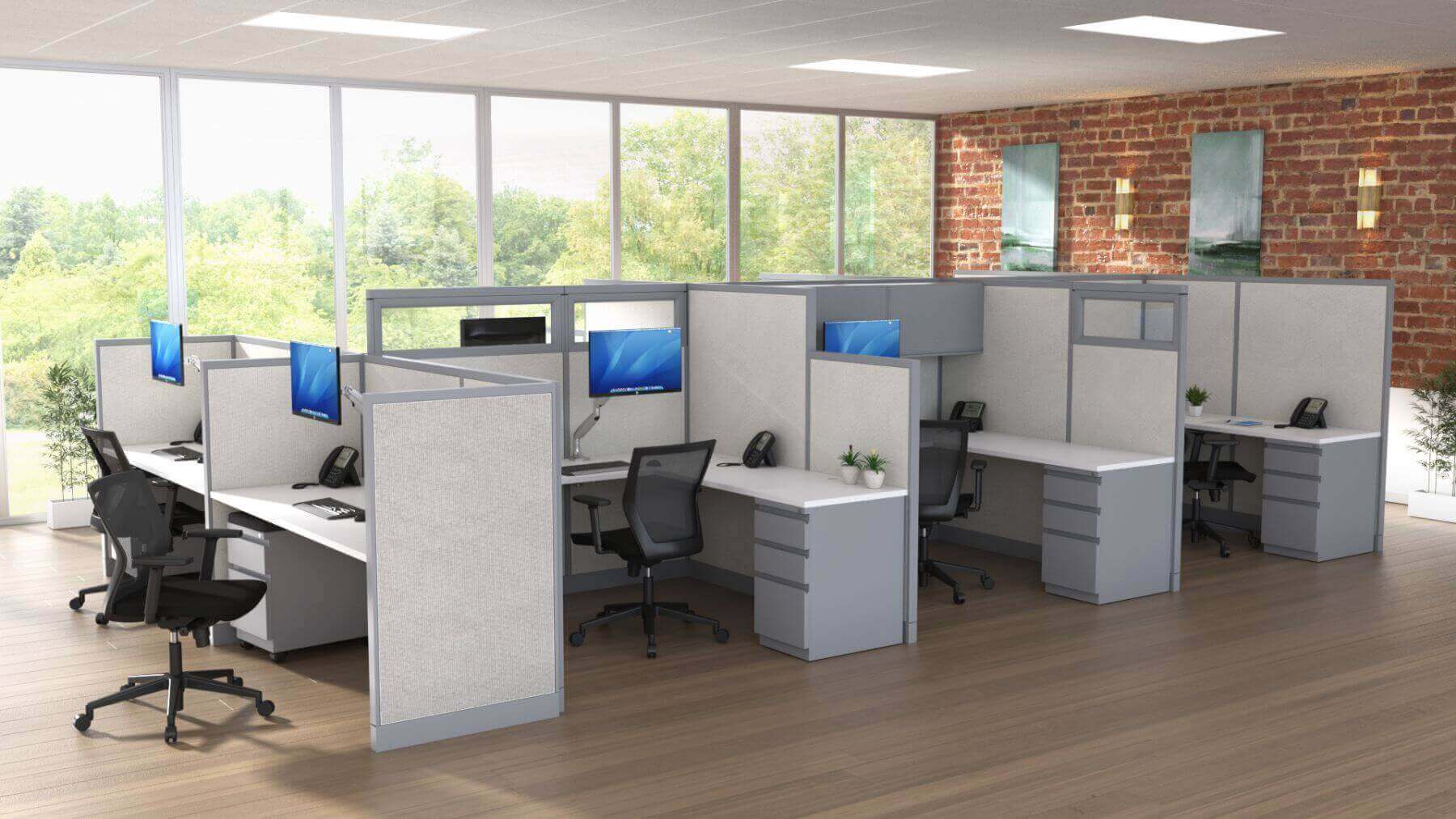 An office cubicle with multiple cubicles and desks
