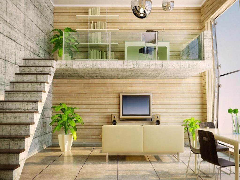 A living room with a tv and stairs
