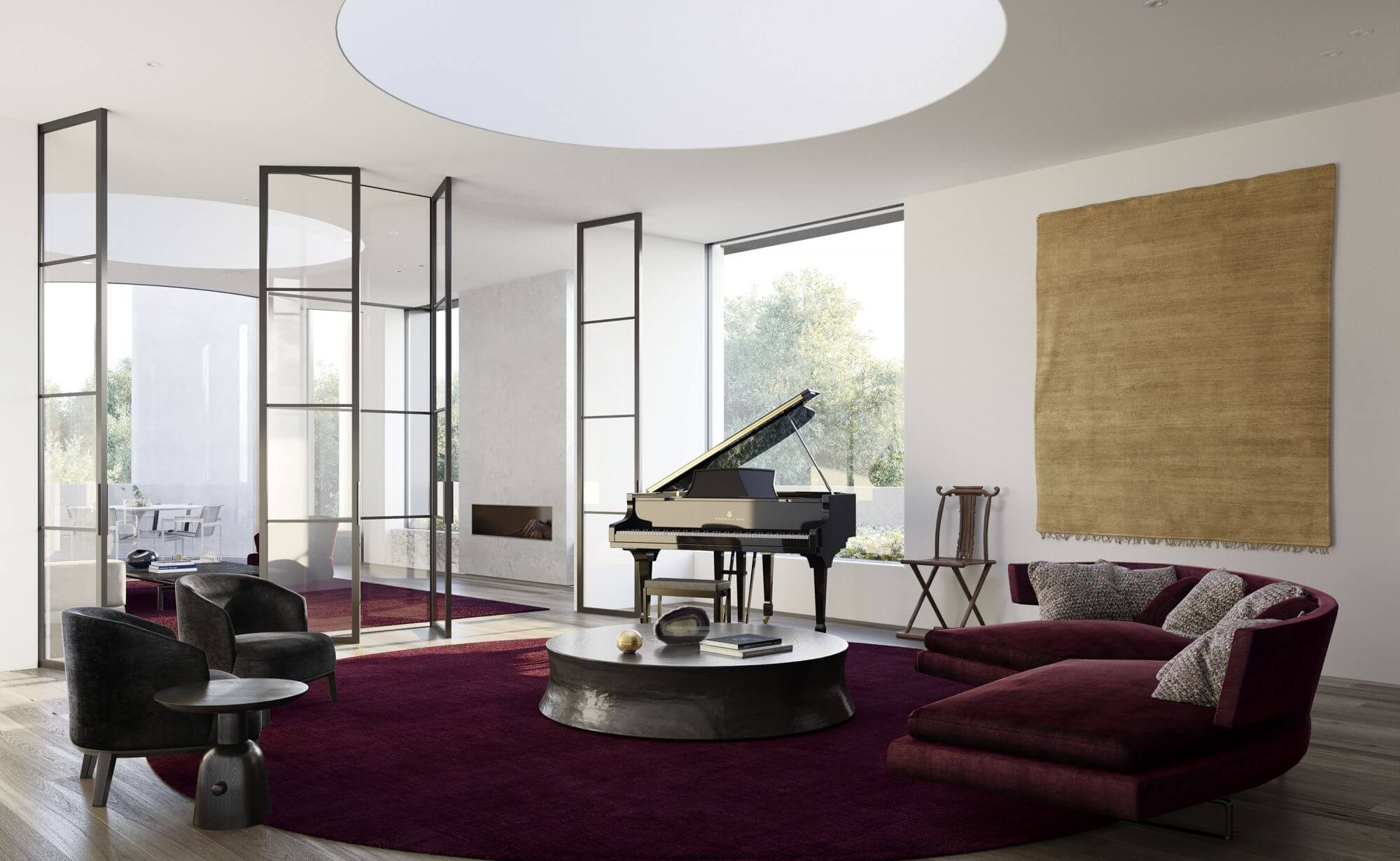 A living room filled with furniture and a piano
