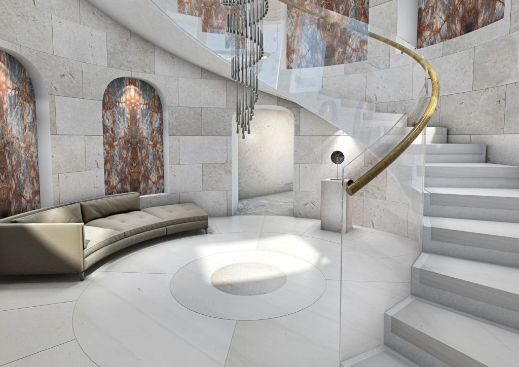 A room with a spiral staircase and a couch

