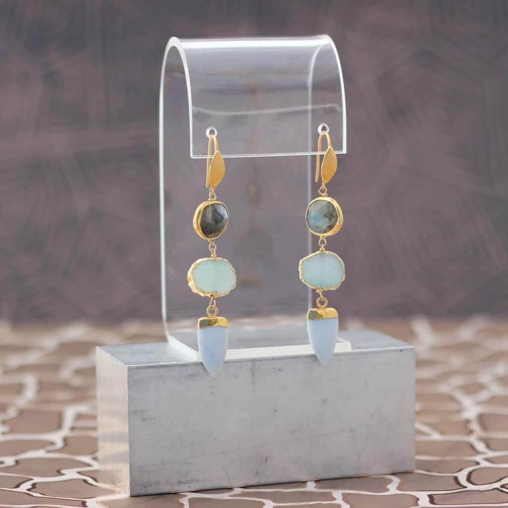 A pair of earrings is displayed on a stand
