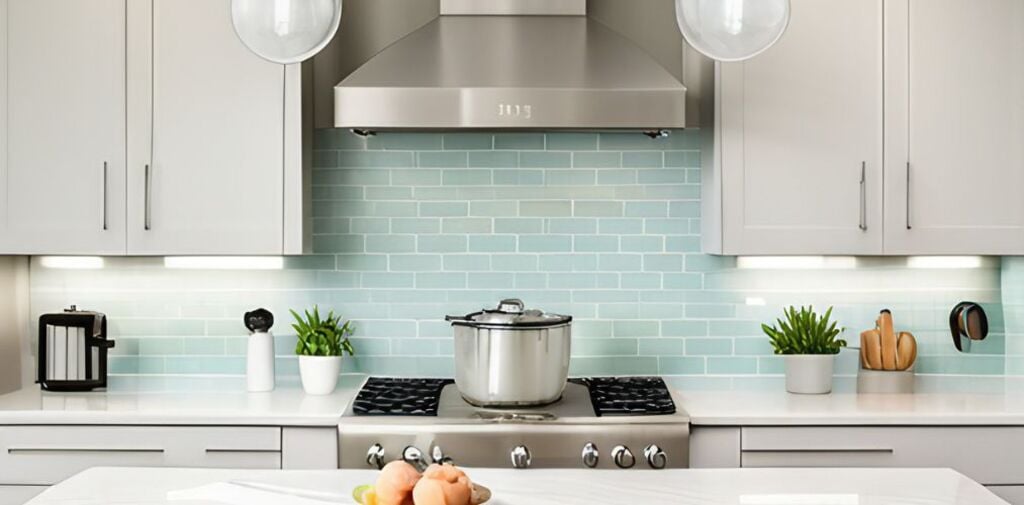 Small kitchen with pastel green backsplash tiles