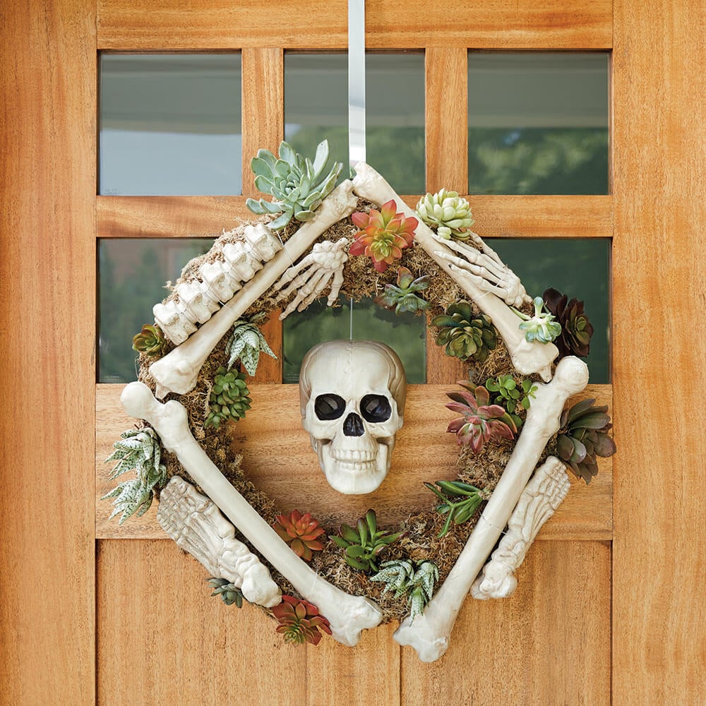 A wreath with a skeleton and succulents hanging on a door

