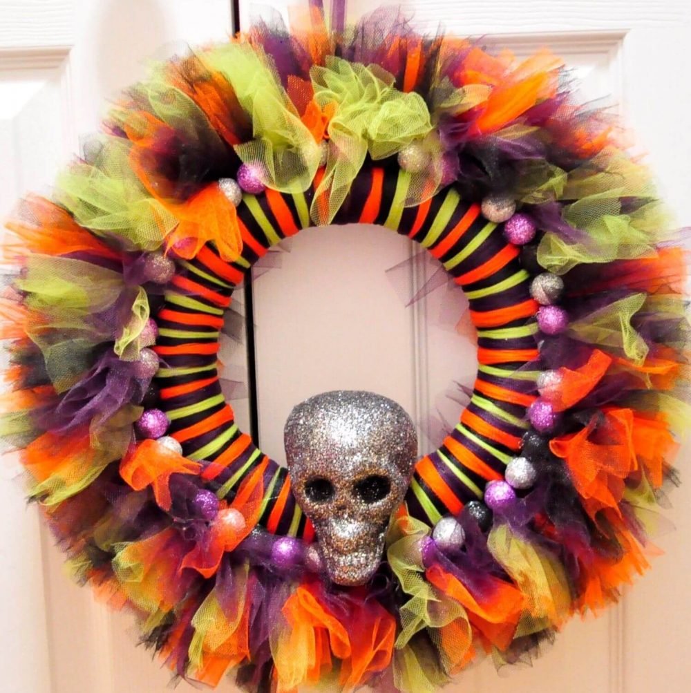 A halloween wreath with a skull on it
