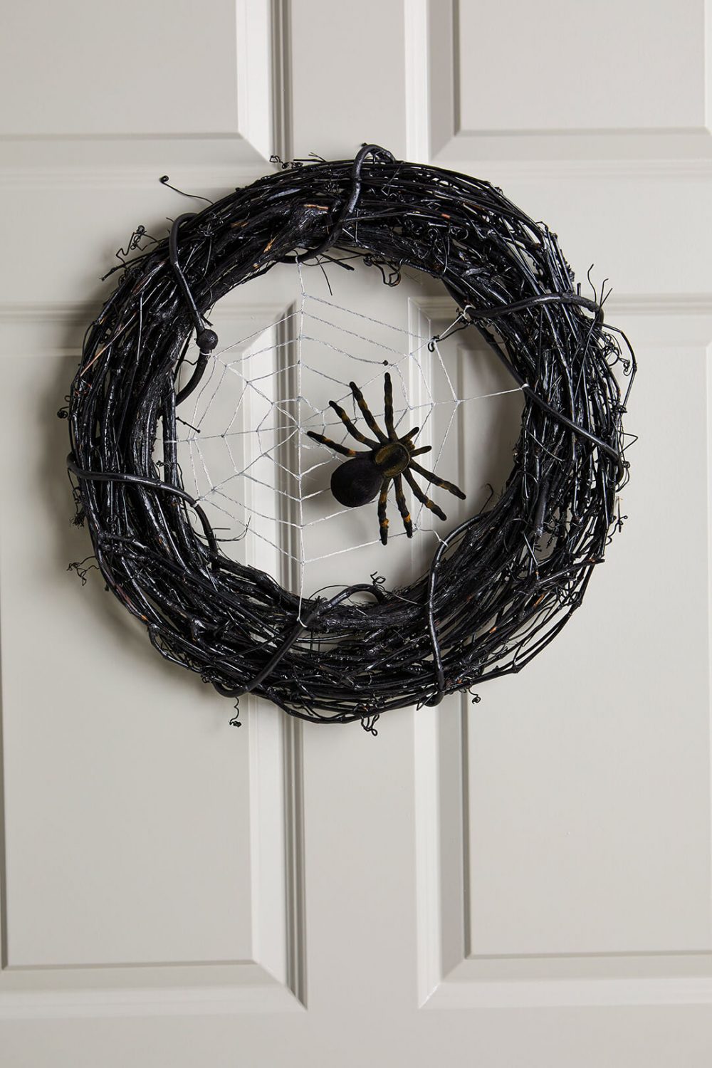A wreath with a spider on it hanging on a door

