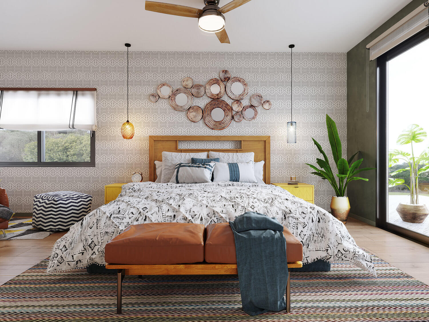 Bedroom With White Bedding And Green Plants