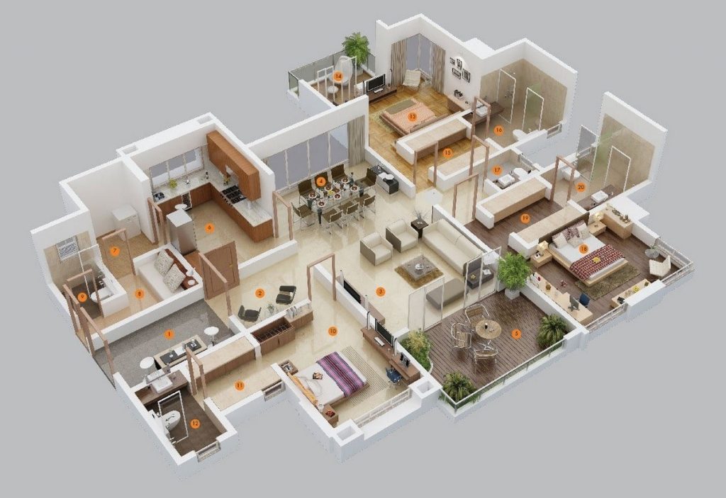3d floor plan of a three bedroom apartment.