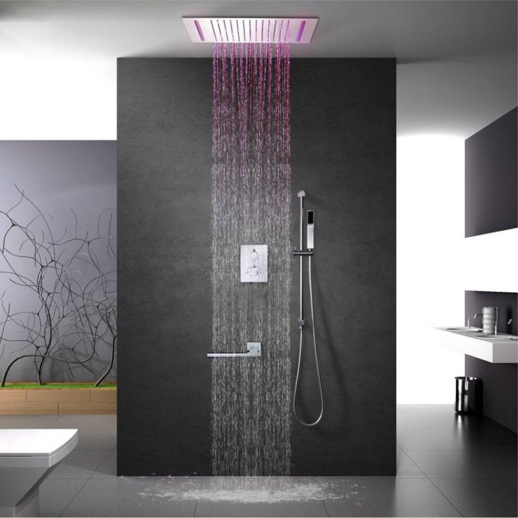 A shower head with a pink shower head

