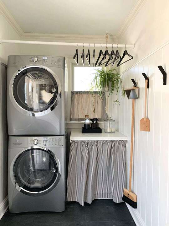 small laundry room cafe curtain painted tile floor