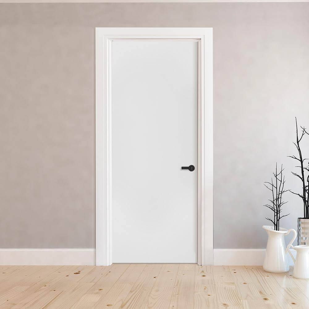 An empty room with a white Flush door and vases
