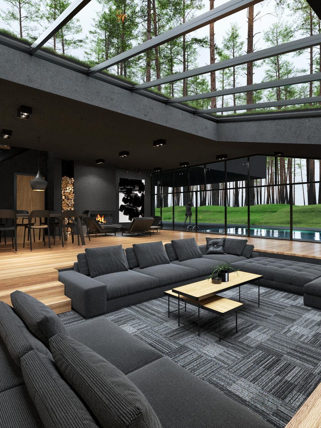 Black villa living room with sofa