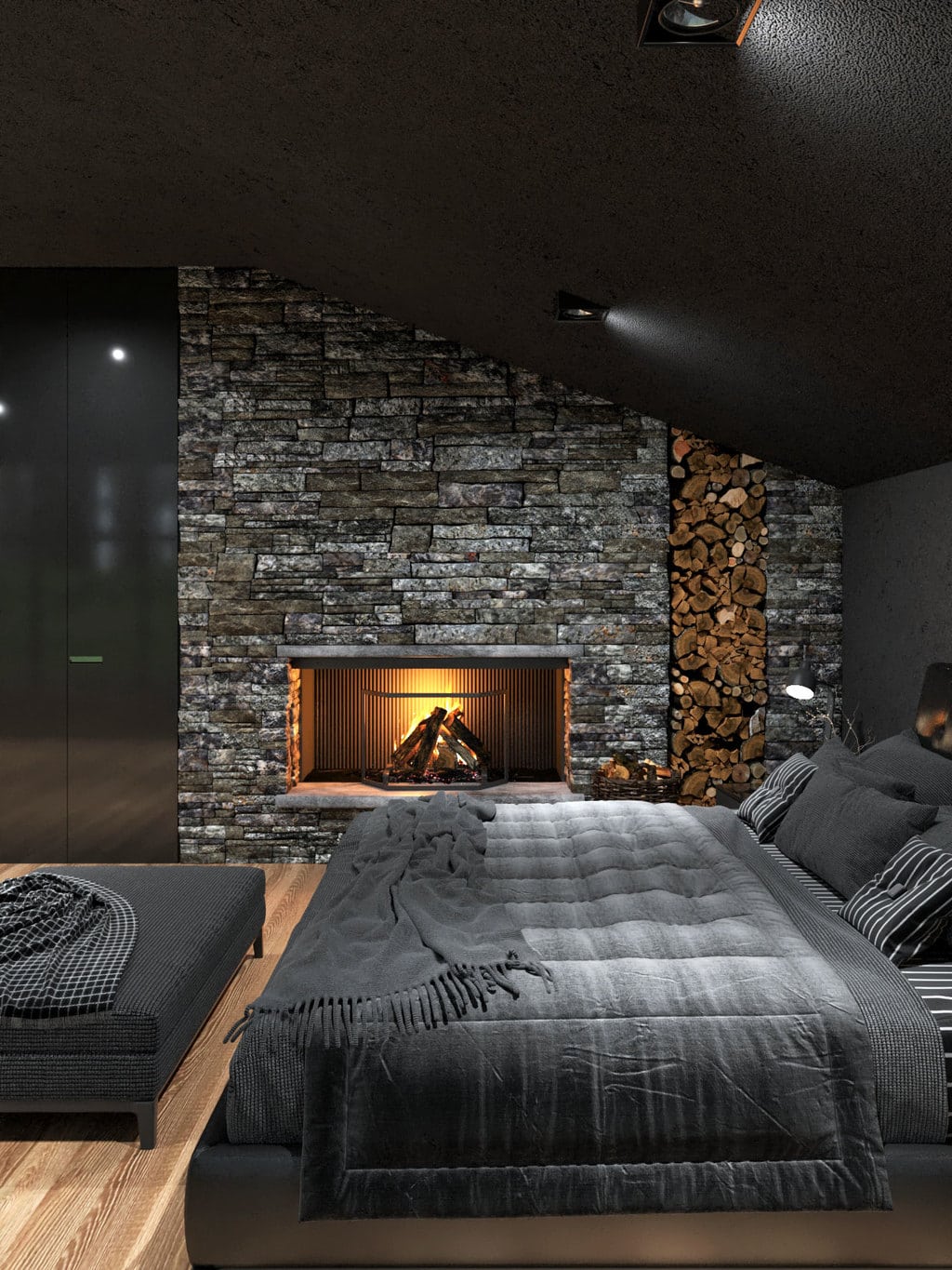 Black villa bedroom with fireplace
