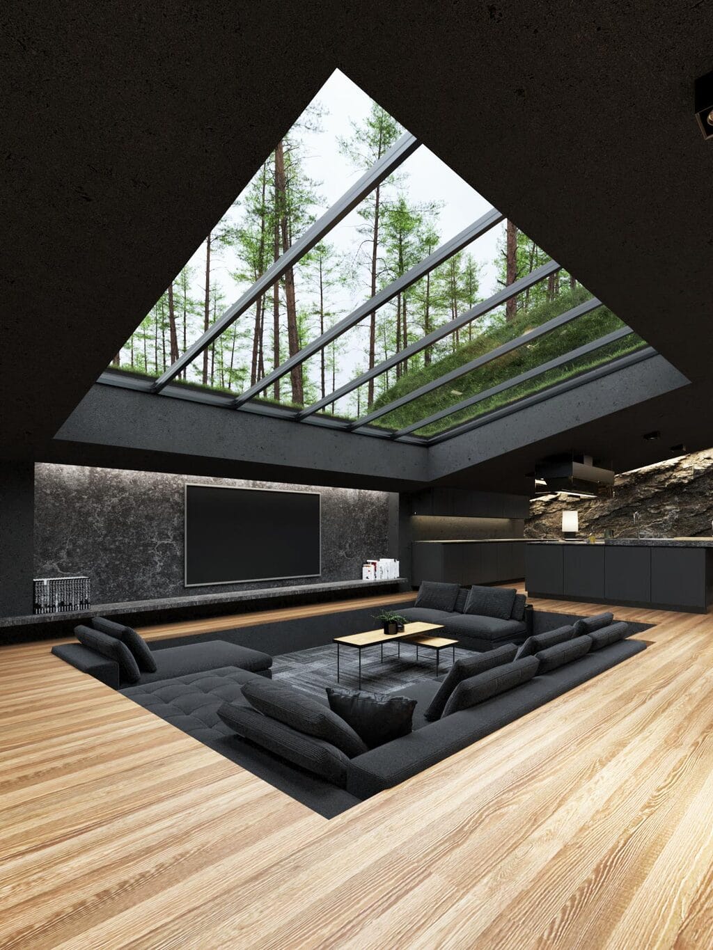 Black villa with skylight in the roof