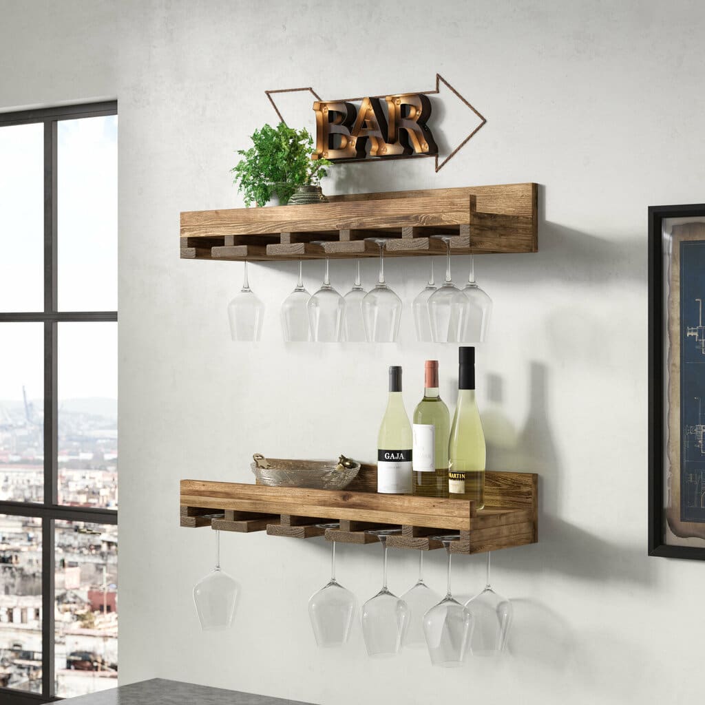 A couple of shelves that have wine glasses on them
