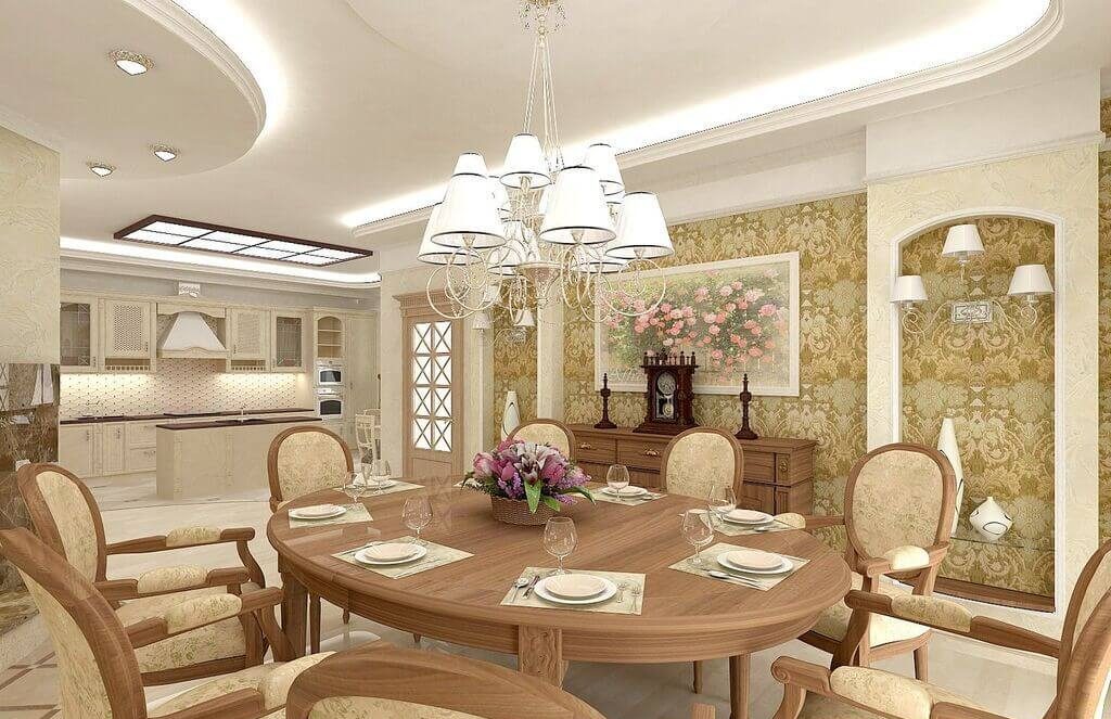 A dining room with a large wooden table surrounded by beige chairs
