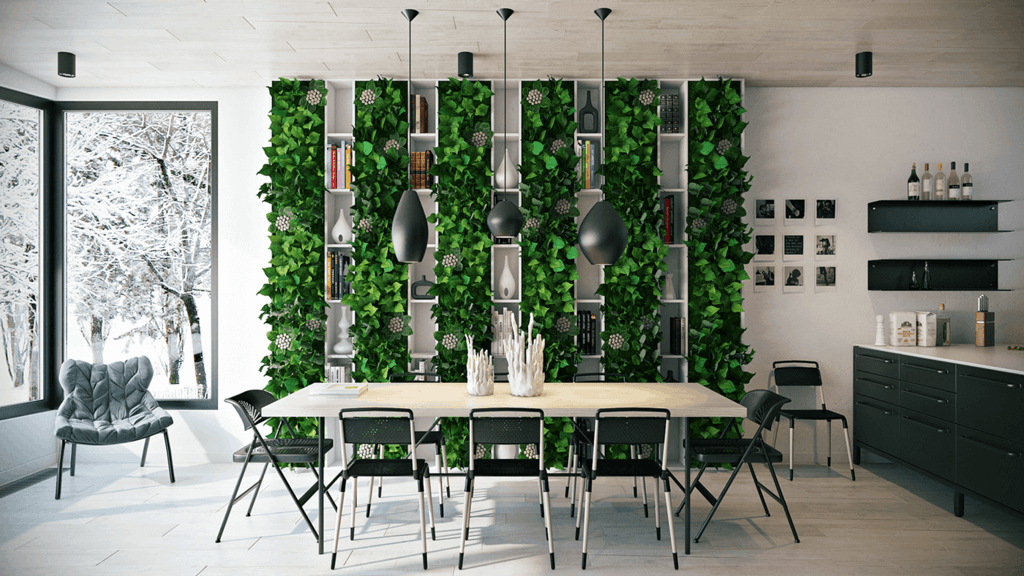 A dining room with a table and chairs
