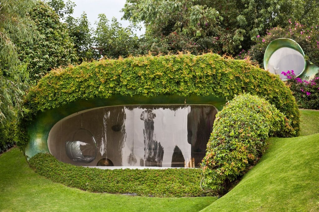 A organic house with a water feature in the middle of it
