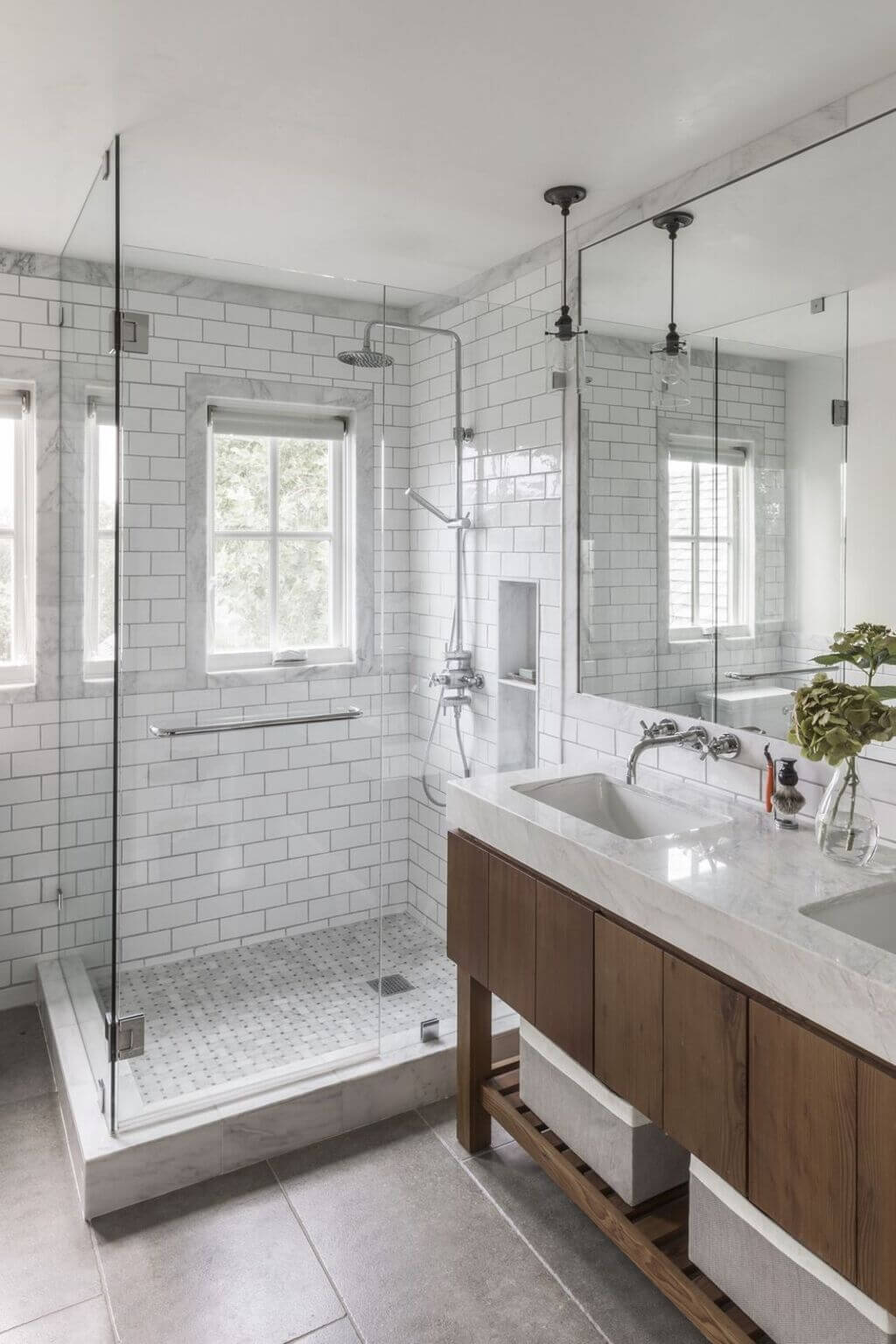 master bathroom dimensions: Pale Gray Colors & Wood Cabinetry 