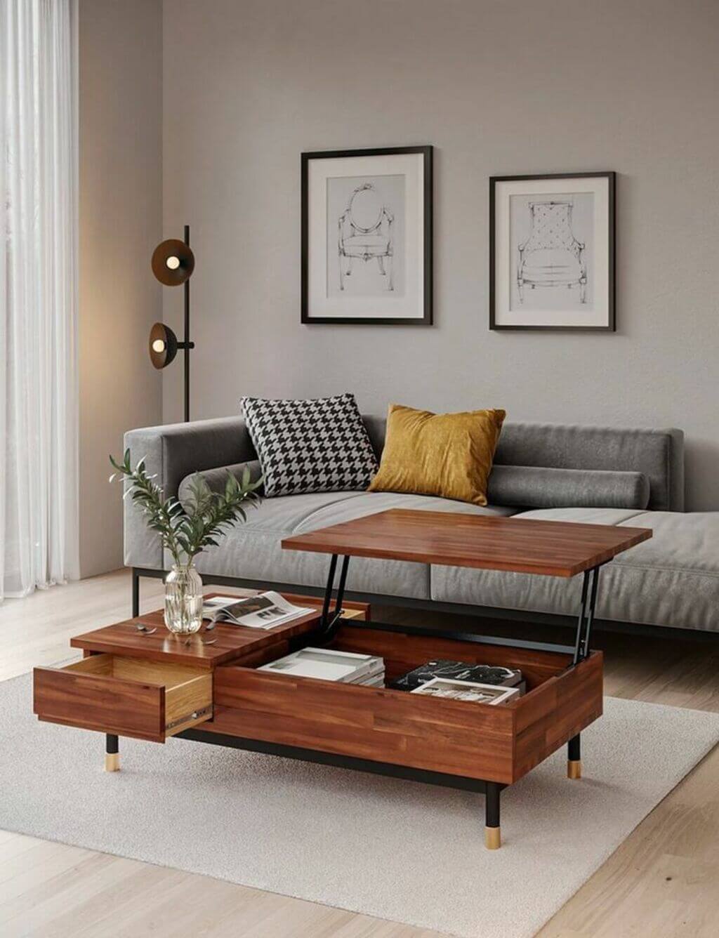 A living room with a couch and a coffee table
