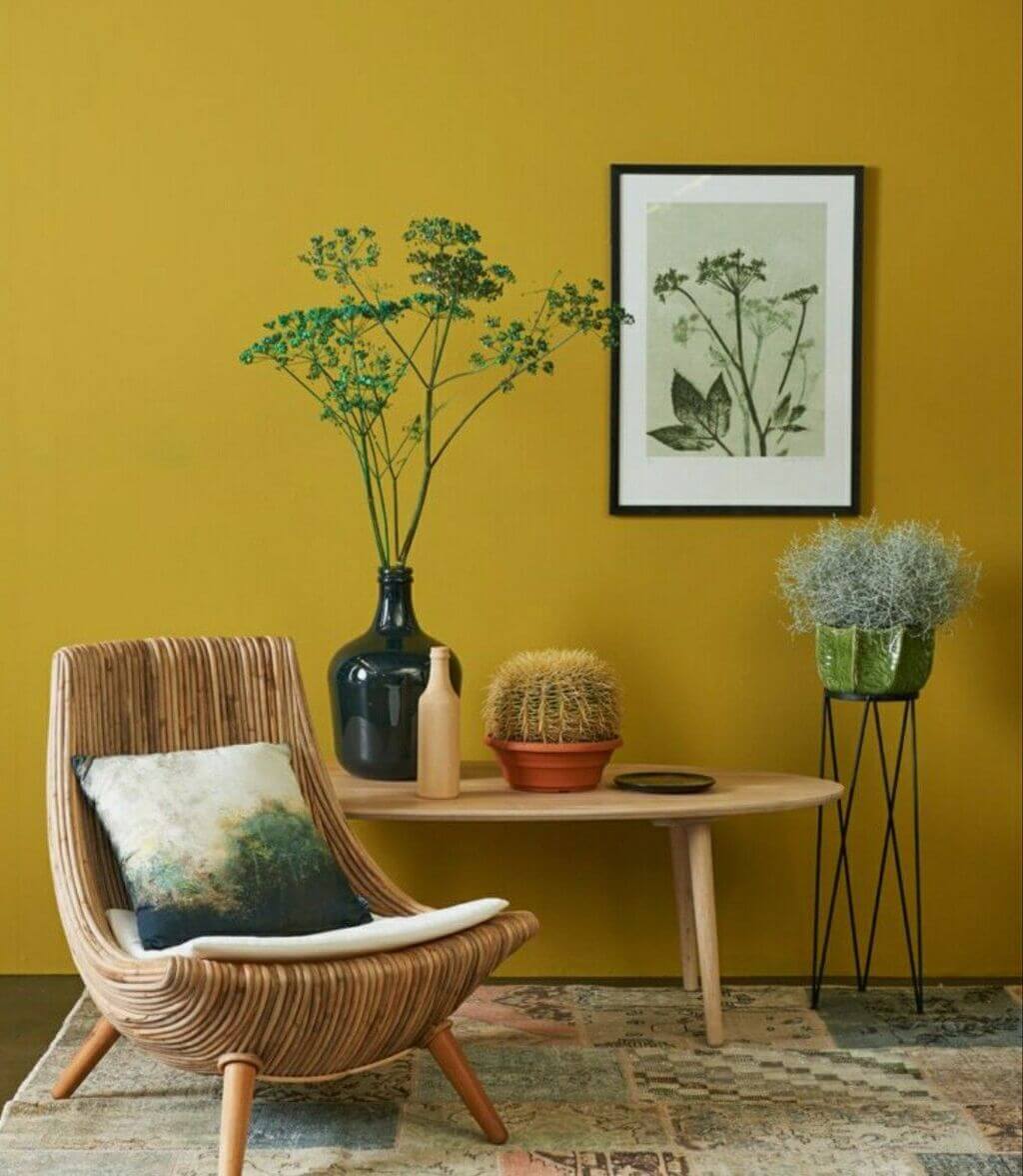 A living room with yellow walls and furniture
