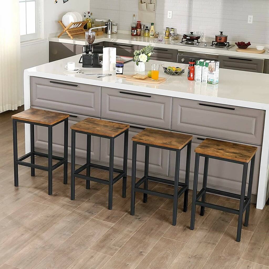 A kitchen with a center island with stools
