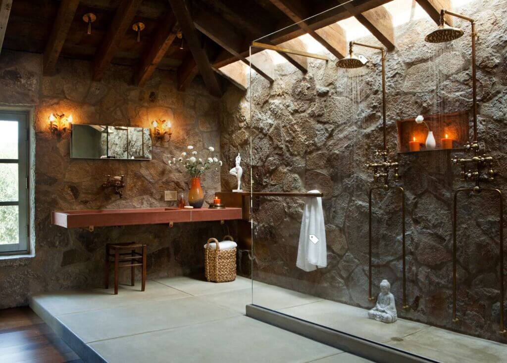 Traditional Shade Light Fixtures in a Rustic-Inspired Bathroom