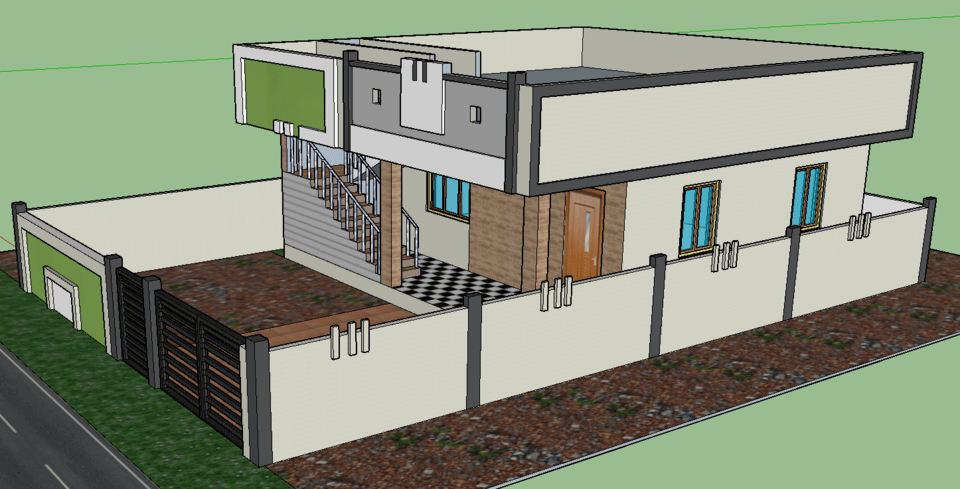 A drawing of a two story house with a garage
