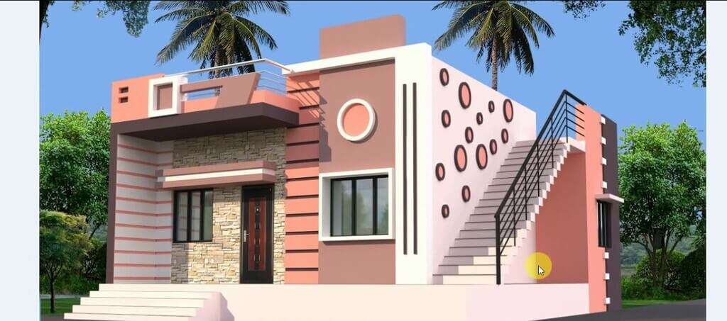 A small pink and white house with stairs
