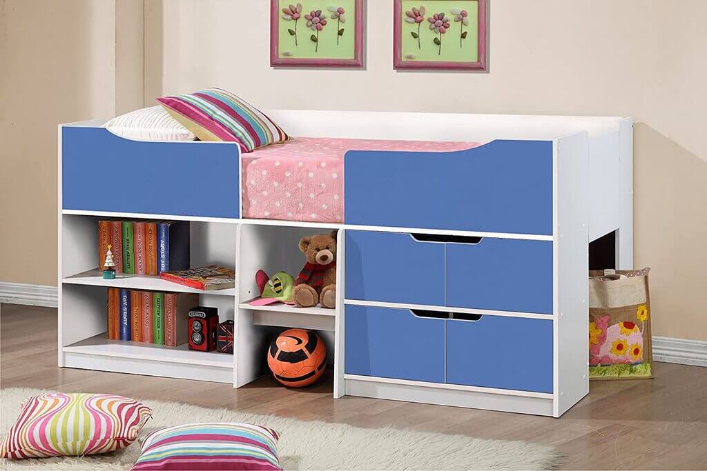 A child's bedroom with a blue and white bunk bed
