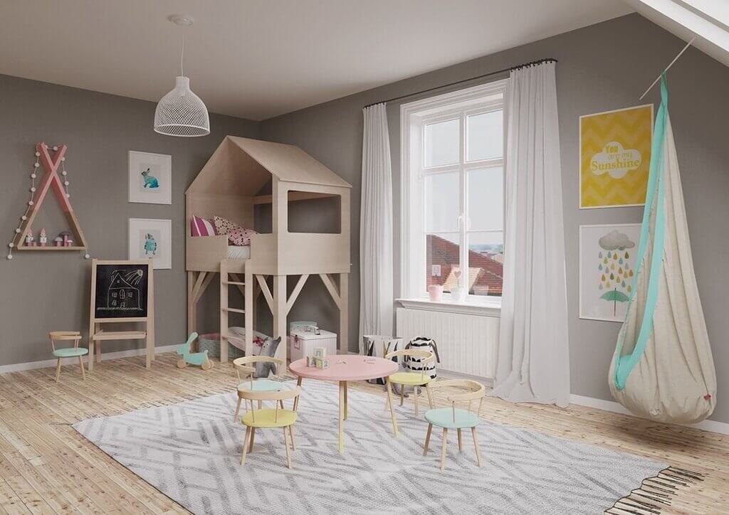 A child's room with a loft bed and a play house
