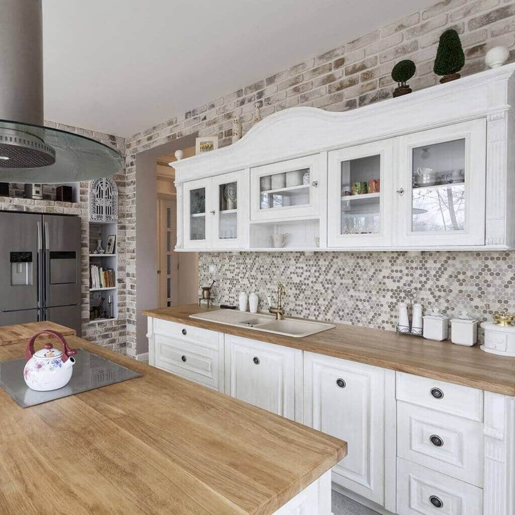 Mosaic Pebbles White Cabinet Kitchen Backsplash Idea