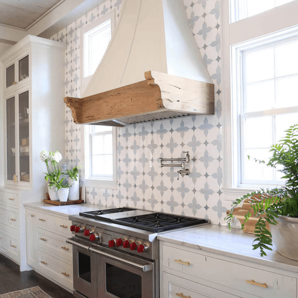 Ethnic Victorian Tiles white cabinet kitchen backsplash 