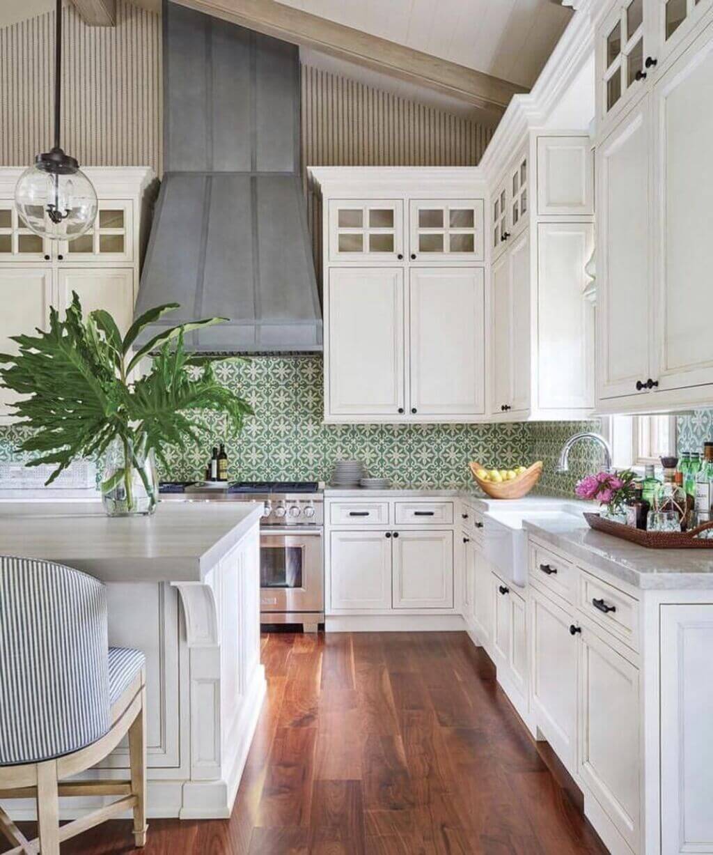 Vibrant Green Tilem White Cabinet Kitchen Backsplash Idea