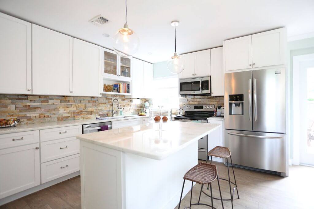 Stacked Charcoal Stone White Cabinet Kitchen Backsplash Idea