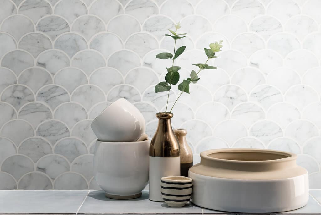 Scallop Tiles White Cabinet Kitchen Backsplash Idea