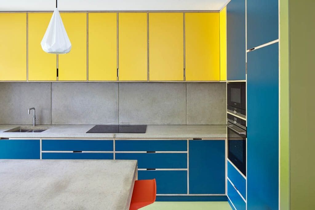 Blue + Yellow kitchen cabinets 