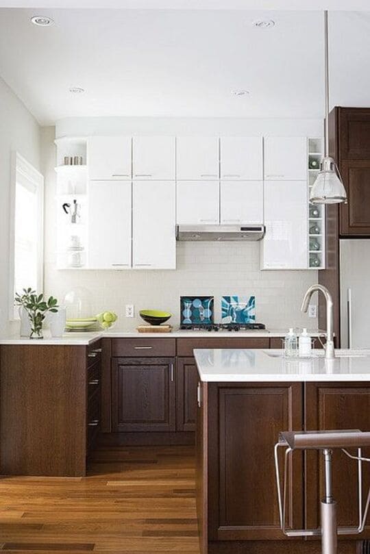 Brown + White kitchen cabinets 