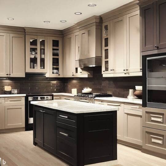 Taupe + Black kitchen cabinets 