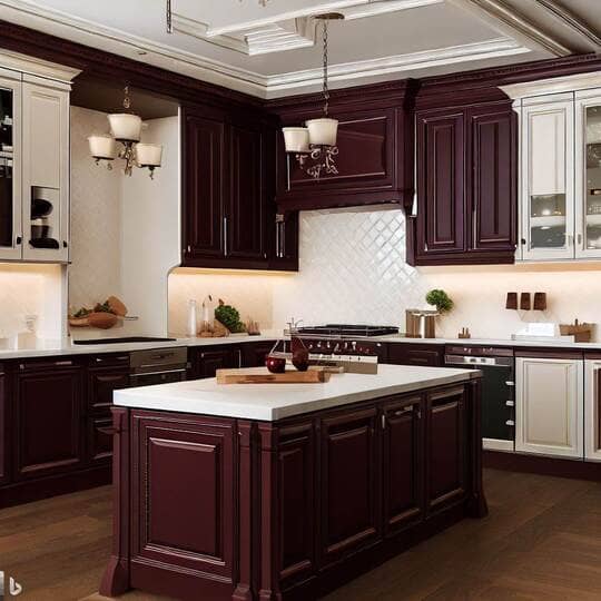 Burgundy + White tone kitchen cabinets 