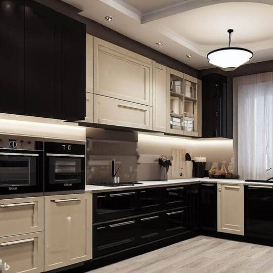 Black + Beige tone kitchen cabinets 